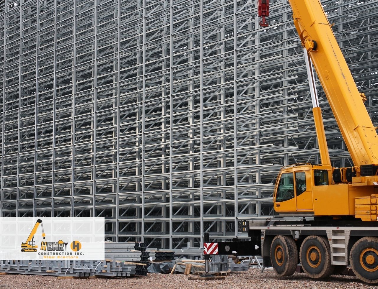 Marked swing zone around crane during steel erection process