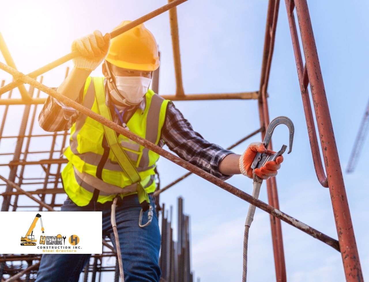 Construction worker in fall protection gear on steel frame