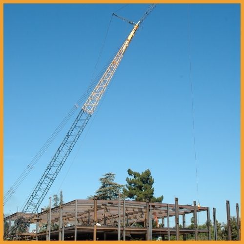 Crew erecting structural steel framework in Noblesville, IN