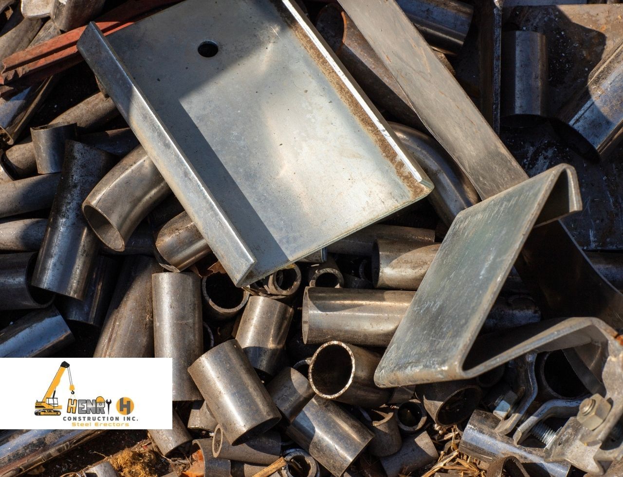 Steel components stacked for recycling at eco-friendly jobsite