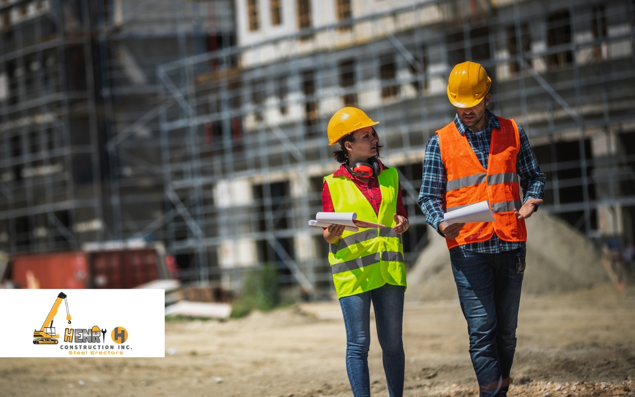Safety protocols on a steel erection site demonstrating fall protection and code compliance.