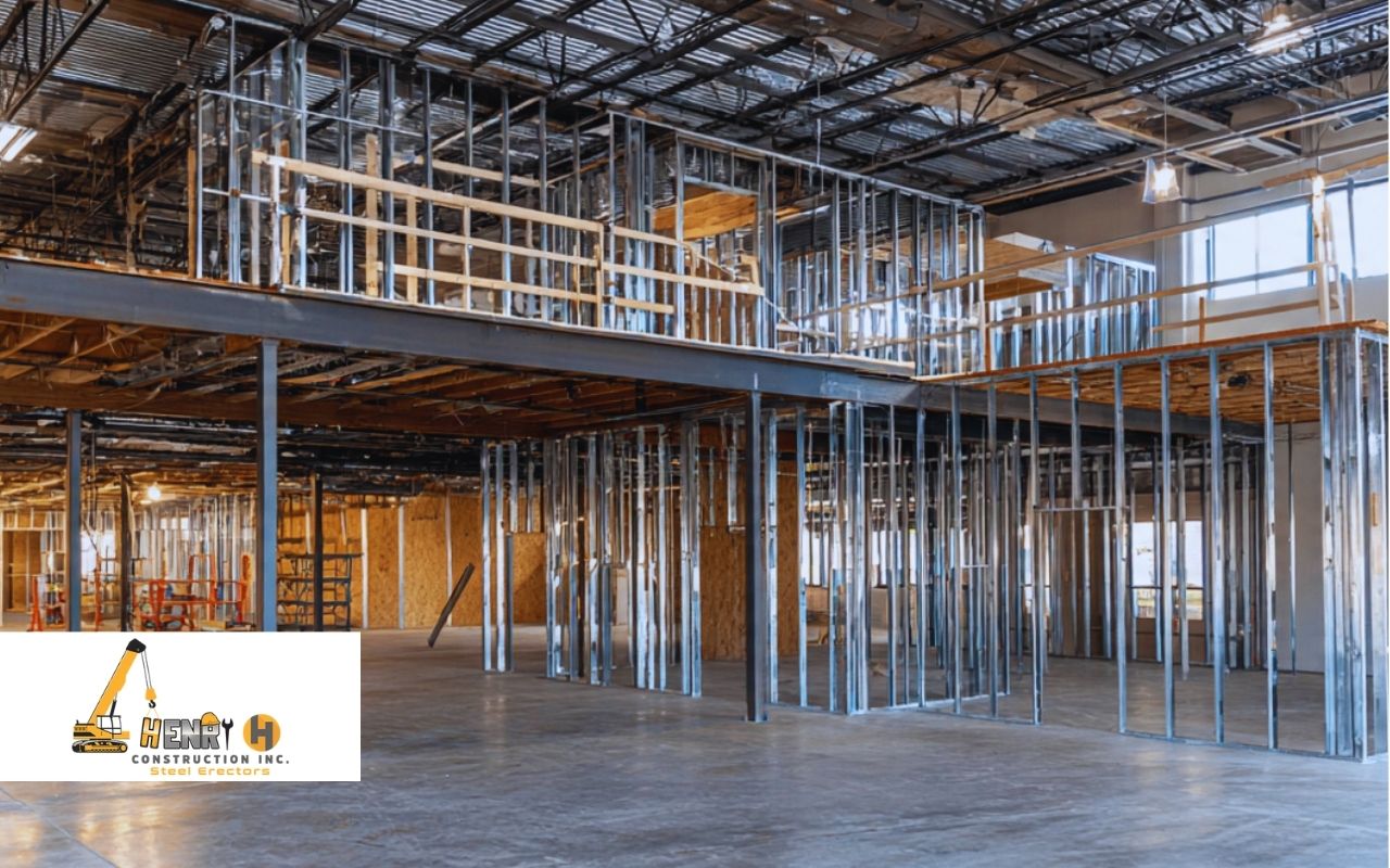 Carmel tenant improvement steel scope showing a mezzanine retrofit with steel framing in a commercial interior