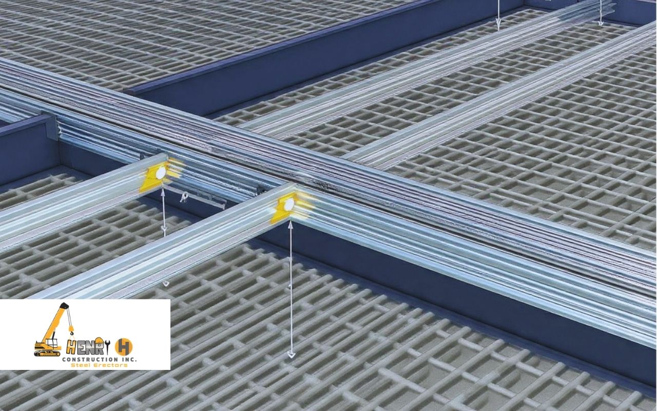 Indianapolis steel joist & deck coordination tips shown on a deck layout with marked joist lines and key notes.