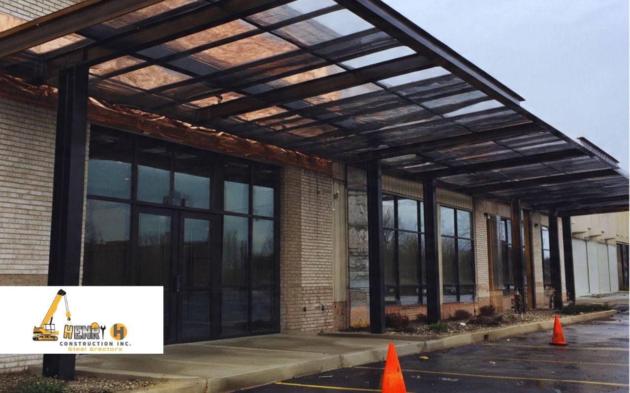metal canopy fabrication in Indianapolis at a commercial building entry