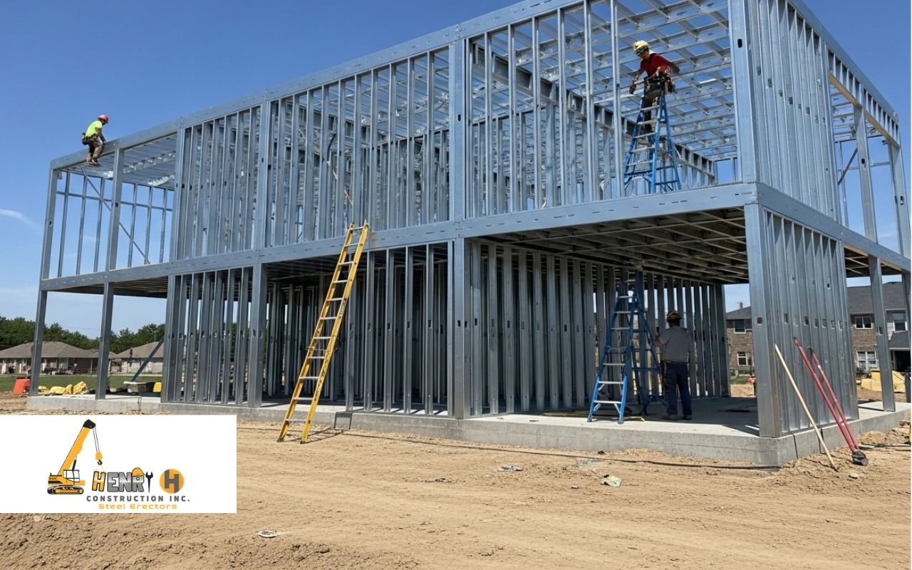 Commercial steel framing contractor in Carmel working on a building frame