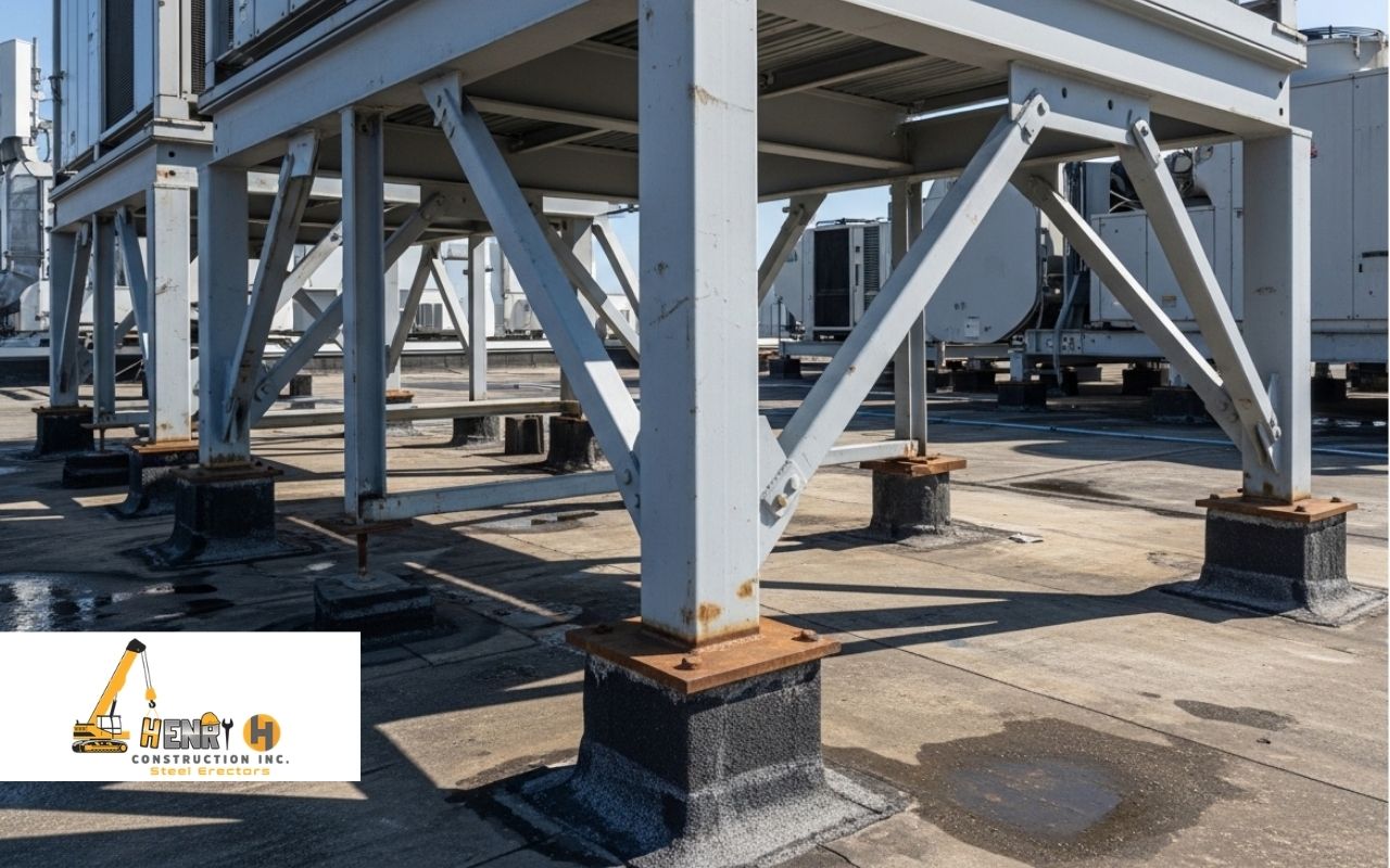 Fabricated steel supports for rooftop equipment on a commercial roof