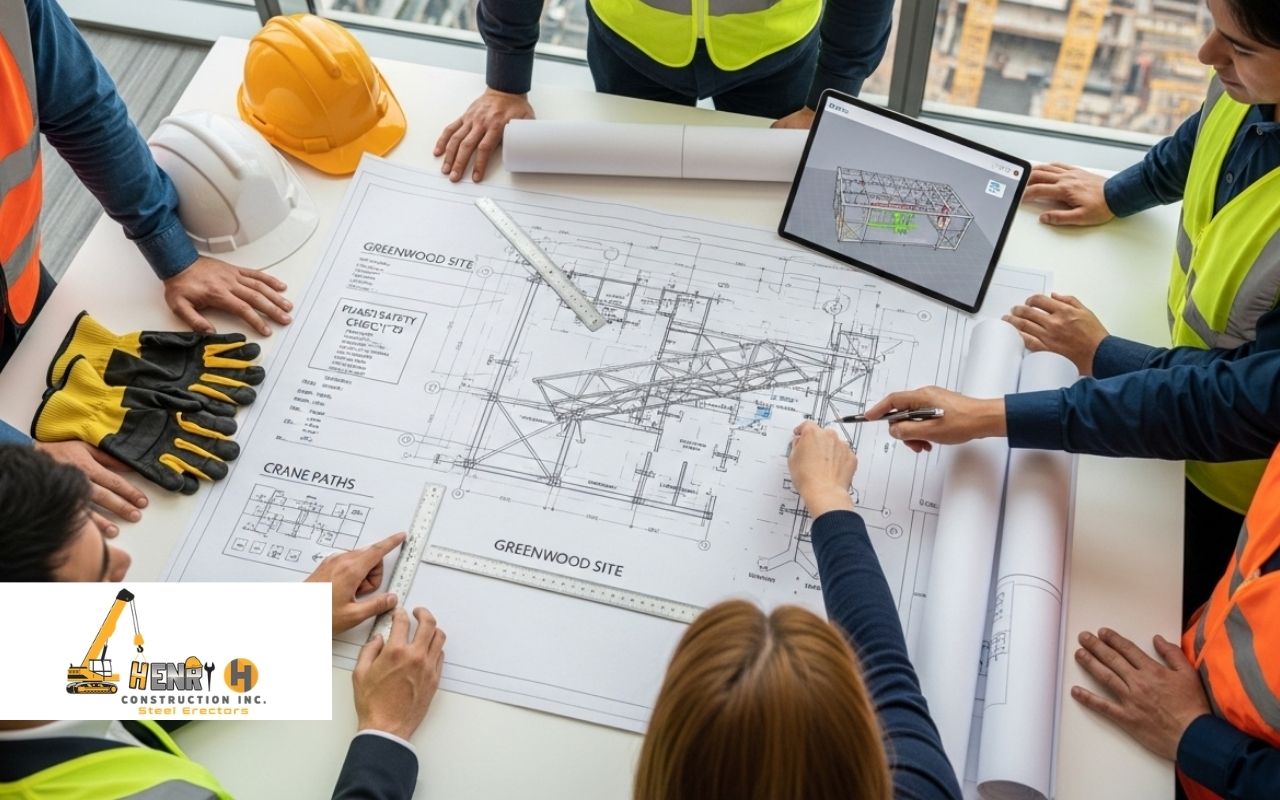 Team reviewing structural steel project planning in Greenwood