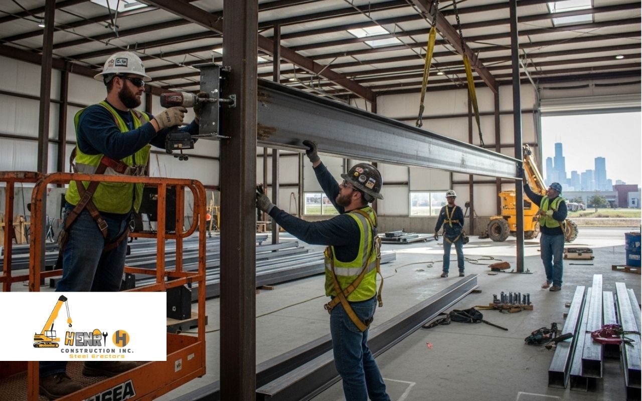 Warehouse steel contractor in Plainfield working on steel framing