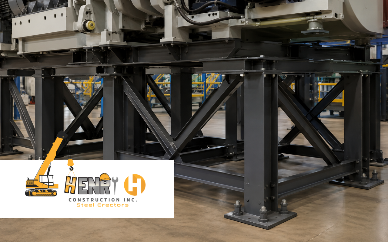 Steel equipment support frames supporting heavy industrial machinery