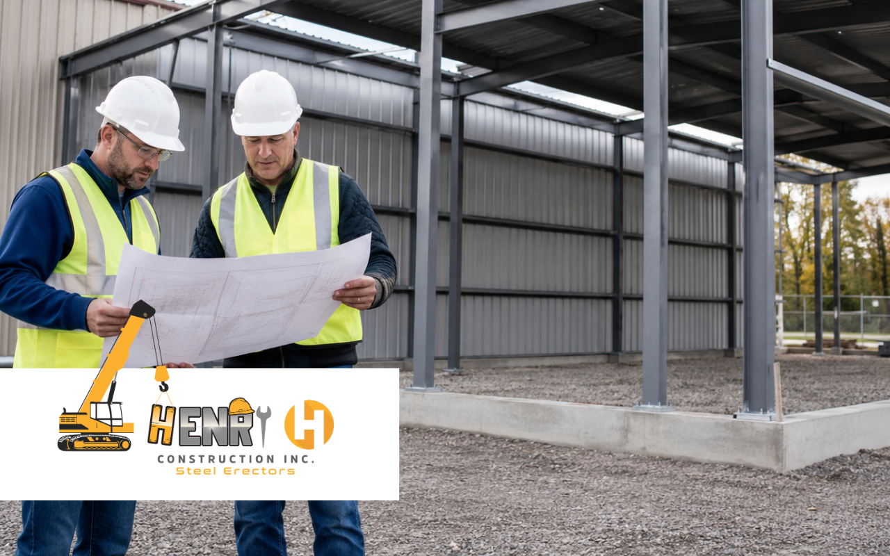 Team reviewing steel fabrication revision control drawings