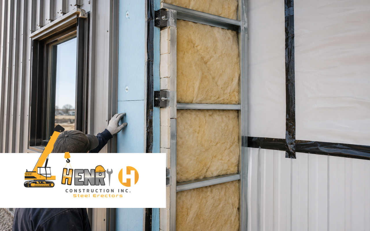 Metal building energy efficiency guide showing insulation in a commercial metal wall