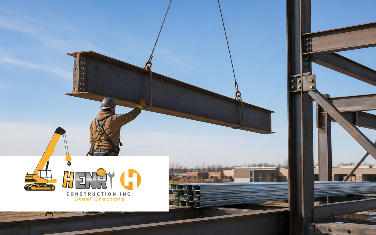 Steel erection contractor in Fishers, IN working on a commercial steel structure