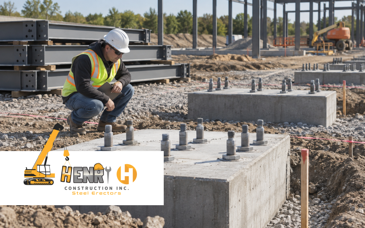Steel erection phases beginning with foundation preparation and anchor bolts