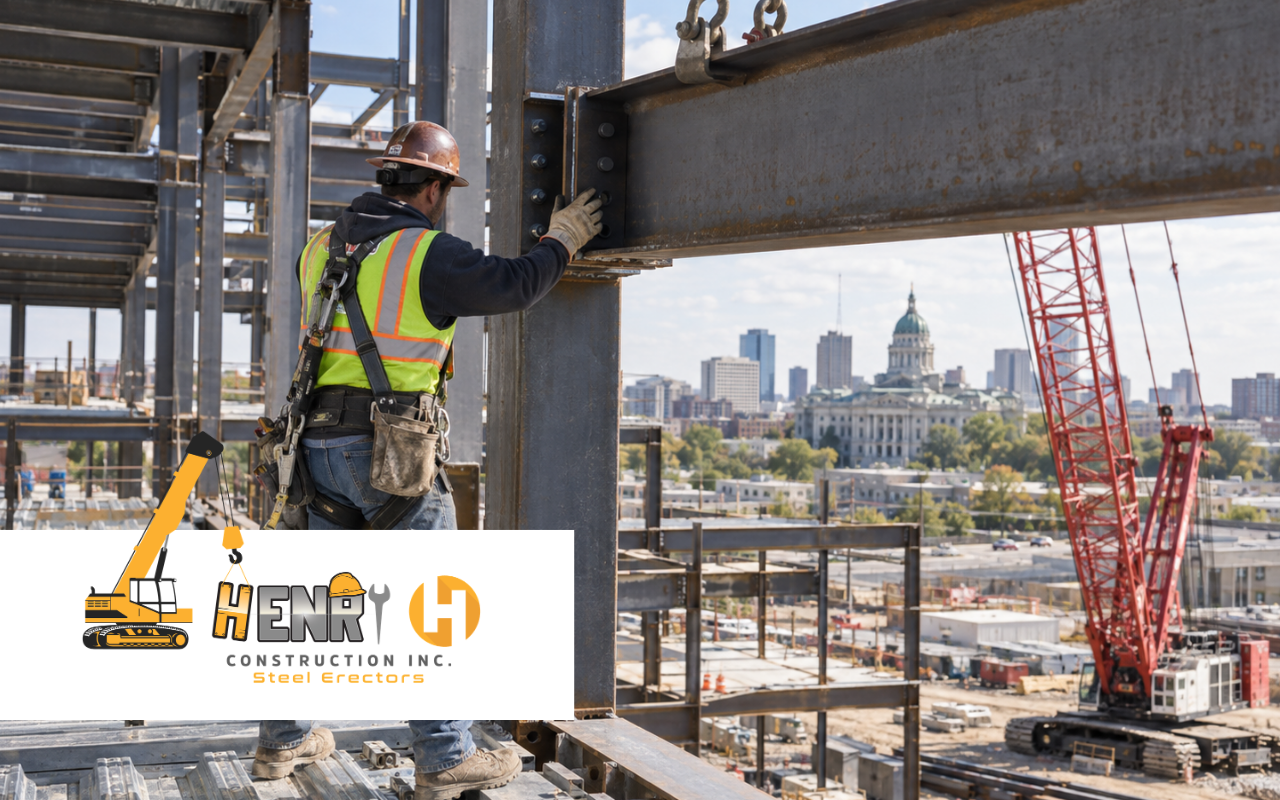 Structural steel erection contractor in Indiana working on a commercial steel project